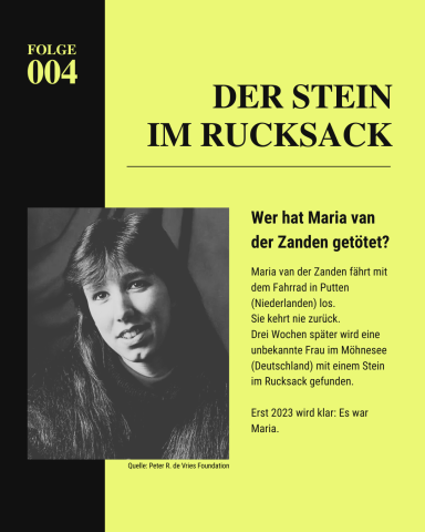 Grafik zur Fallvorstellung vom Verbrechen an Maria van der Zanden mit Bild von Maria und kurzem Text.