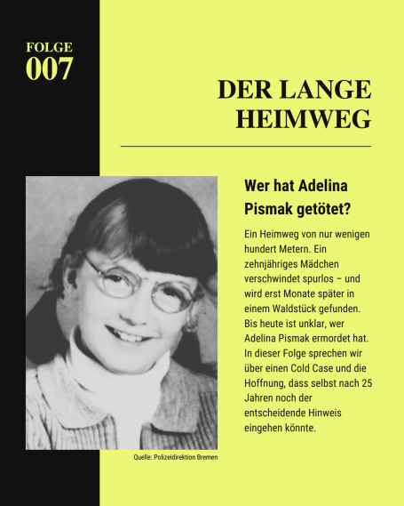 Grafik zum ungeklärten Mordfall Adelina Pismak mit Foto und Falltitel.