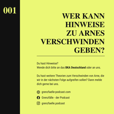Podcastgrafik mit Aufruf zu Hinweisen zum Verschwinden von Arne Hermsen.