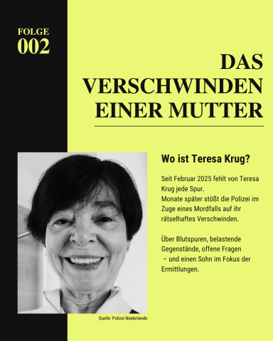 Grafik zur Podcastfolge 002 „Das Verschwinden einer Mutter“ über Teresa Krug. Schwarz-weiß-Porträt einer älteren Frau.