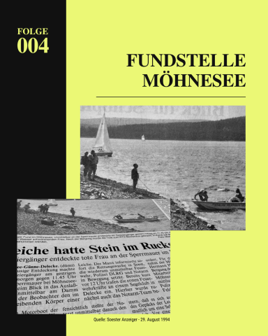Grafik zur Fundstelle der Leiche von Maria van der Zanden mit Fotos von Zeitungsartikeln aus 1994.