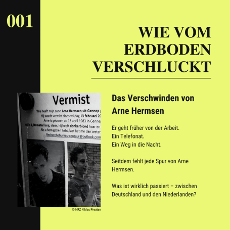 Das Verschwinden von Arne Hermsen Podcastgrafik zum Verschwinden von Arne Hermsen mit Vermisstenplakat und Falltitel.