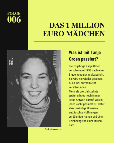 Grafik zum Verschwinden von Tanja Groen mit Foto und Falltitel.