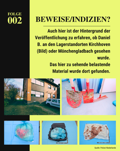 Zu sehen sind ein Lagerhaus und die Gegenstände, die darin gefunden wurden. Verdreckte Gartengeräte, Müllsäcke, Textilien mit Blutspuren.