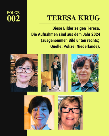 Grafik mit mehreren Fotos von Teresa Krug aus dem Jahr 2024. Die Frau ist auf fünf Aufnahmen in verschiedenen Situationen zu sehen.