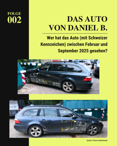 Zwei Fotos vom Auto von Daniel B. - ein BMW mit Schweizer Kennzeichen und einem Bild von einem LKW darauf.