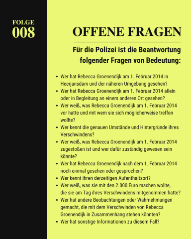 Grafik mit offenen Fragen der Polizei zu Rebecca Groenendijk