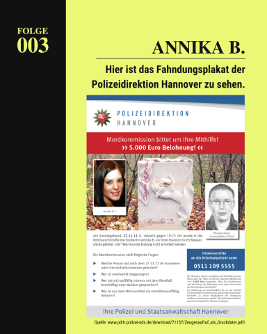 Fahndungsplakat im Mordfall Annika B. Das Fahndungsplakat der Polizeidirektion Hannover.